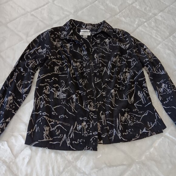 heavy soft stretch black button up top winter ski pattern - Picture 1 of 11